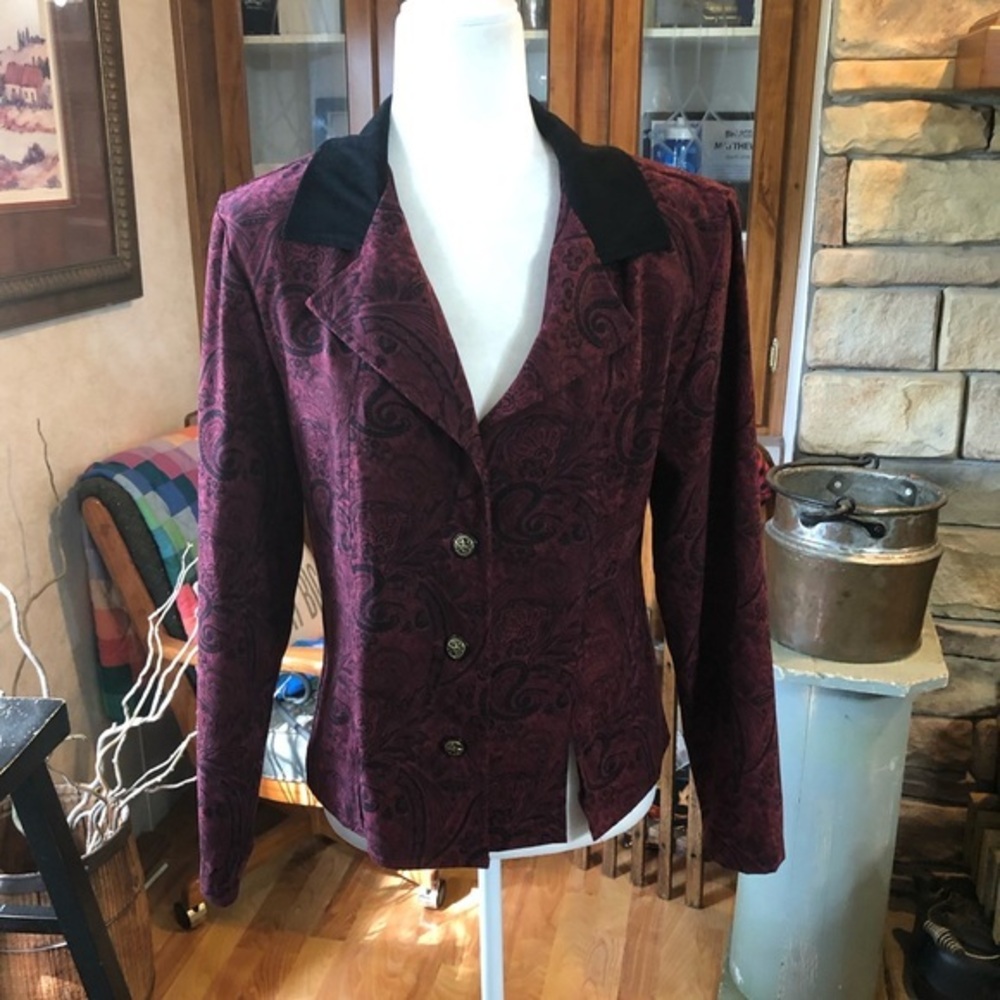 R&K ORIGINALS PETITE SIZE 12 PETITE WINE COLORED PAISLEY PRINT JACKET EUC